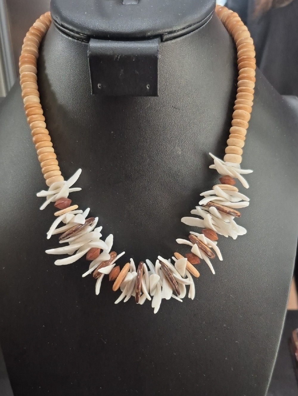 Source Unknown White & Brown Shell and Wood Statement Necklace